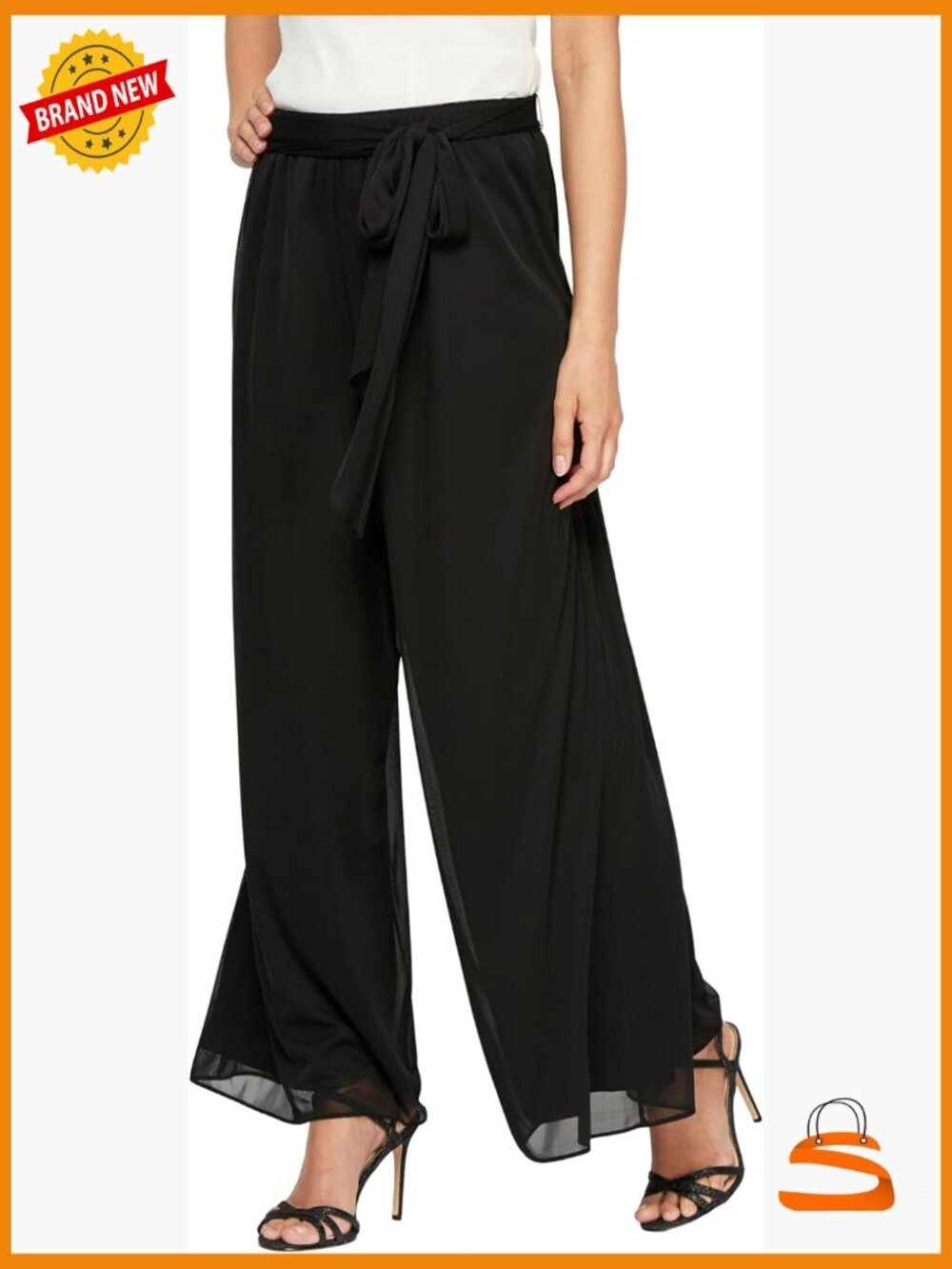 Elegant Mesh Wide Leg Pants with Tie Belt, Palazzo Style Dress Pant